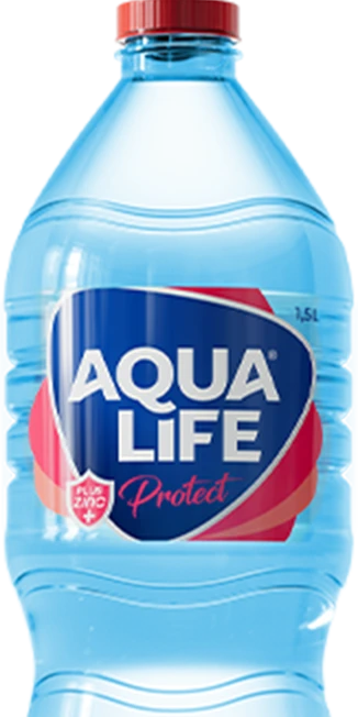 Aqualife Protected bottled water with added zinc, designed for immune support, offering hydration and protection in a 1.5L bottle.
