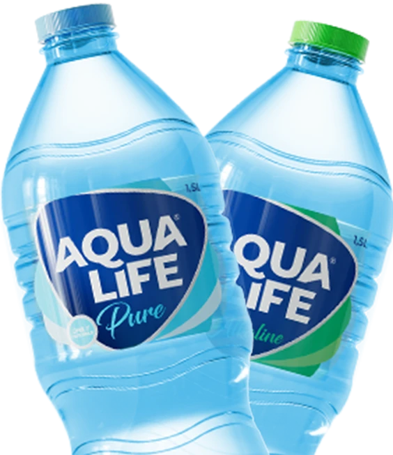 Aqualife Pure and Aqualife Alkaline bottled water in 1.5L bottles, offering refreshing hydration for optimal health.