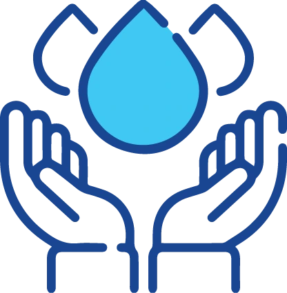 AquaLife icon representing protection and care for water, with hands gently holding a water droplet, symbolizing purity and sustainability.