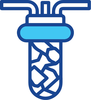 Icon of a water filter with a blue outline and blue details, showing the filtration system and water flow.