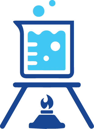 Illustration of laboratory beaker with blue liquid bubbling, placed on a stand over a burner flame for water testing or purification