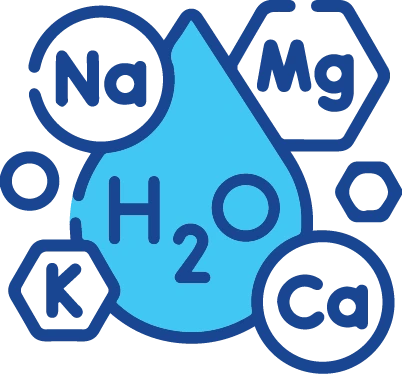 Icon showing a water droplet with chemical symbols for essential minerals (Na, Mg, K, Ca) and H2O, representing the mineral content in water.