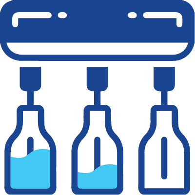 Illustration of automated water bottling line with three bottles being filled from a machine, showing different water levels