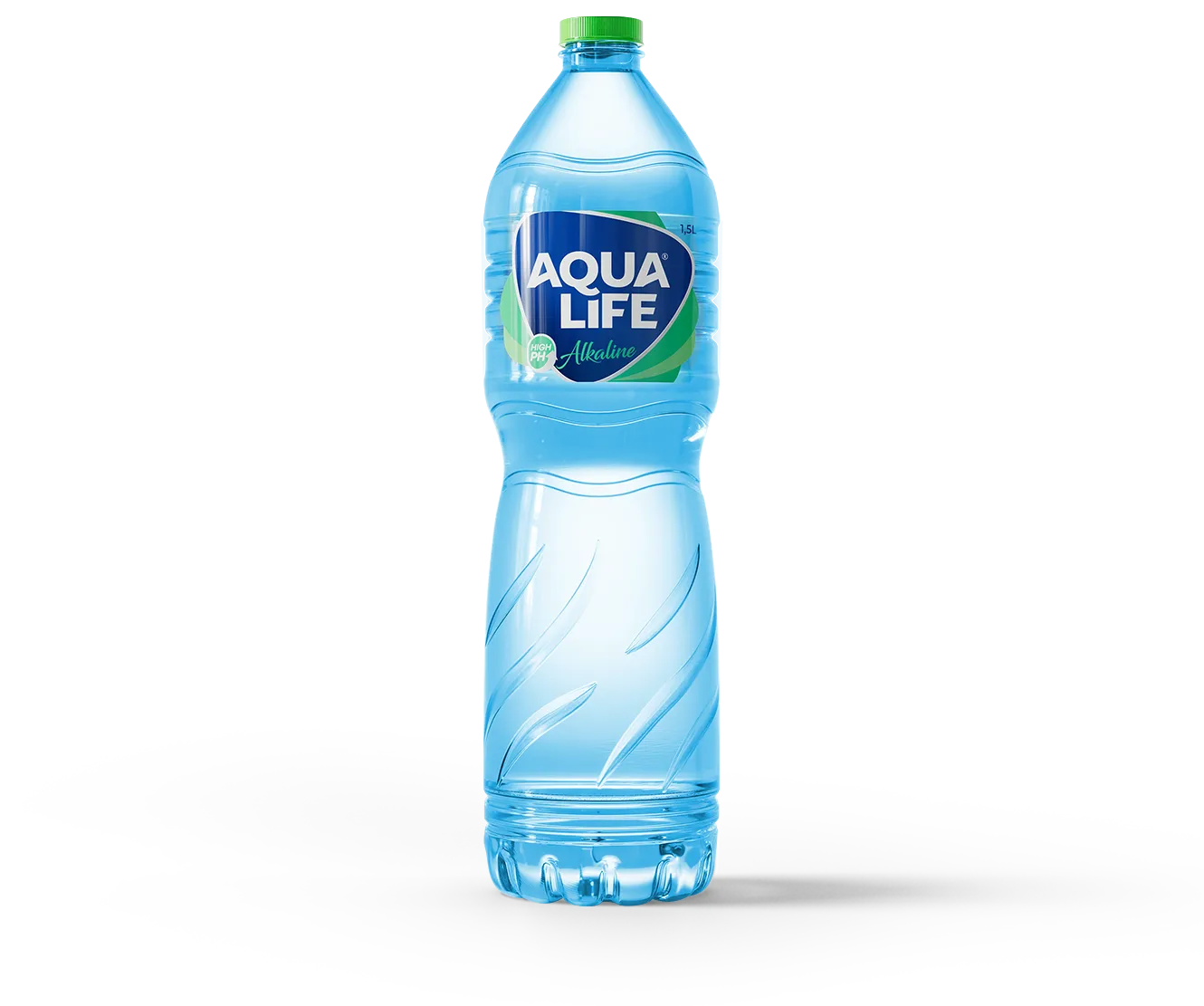 1.5 Liter AquaLife alkaline water bottle in blue plastic with green cap and label showing high pH
