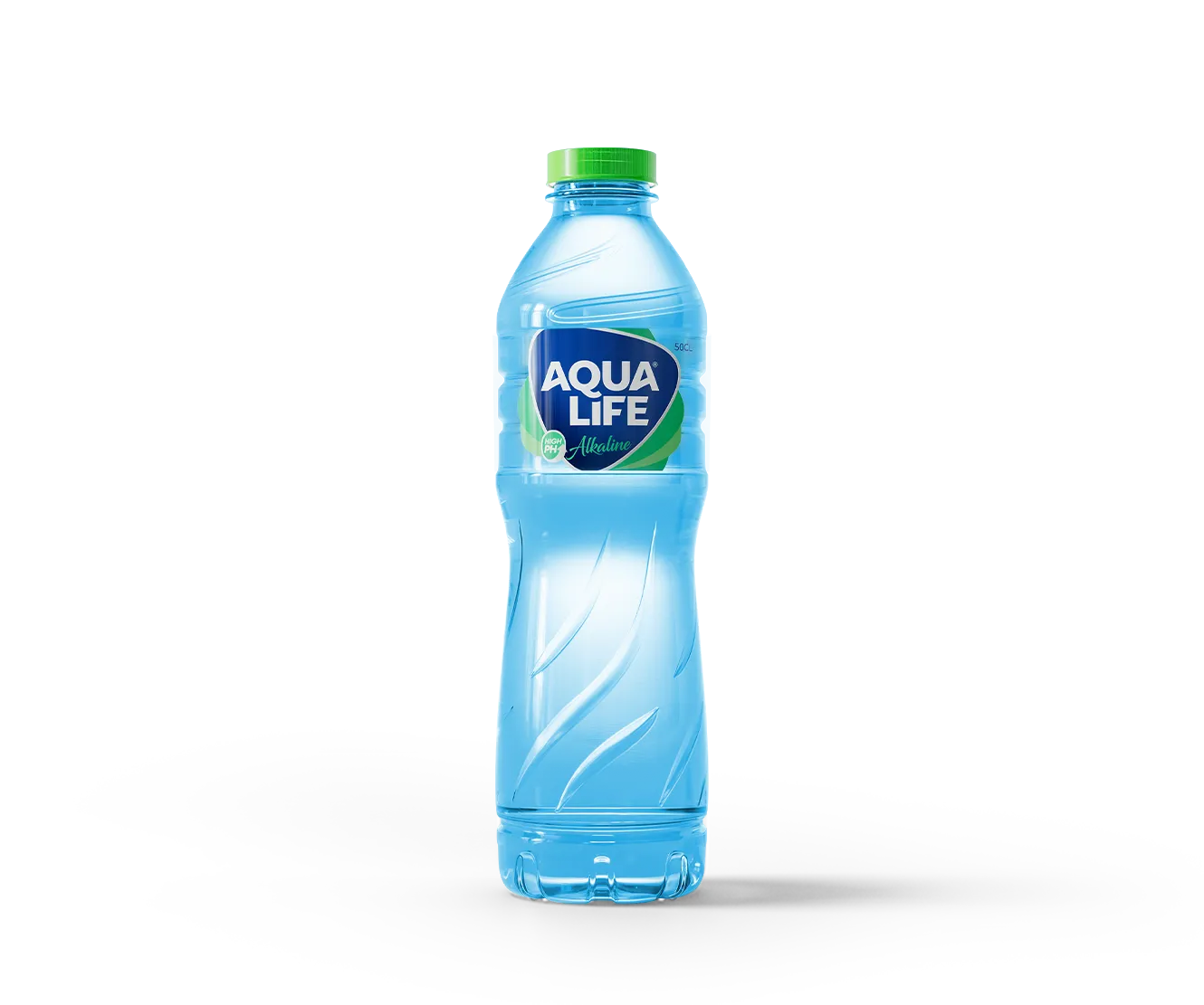 50cl AquaLife alkaline water bottle with blue plastic, green cap, and label highlighting high pH benefits