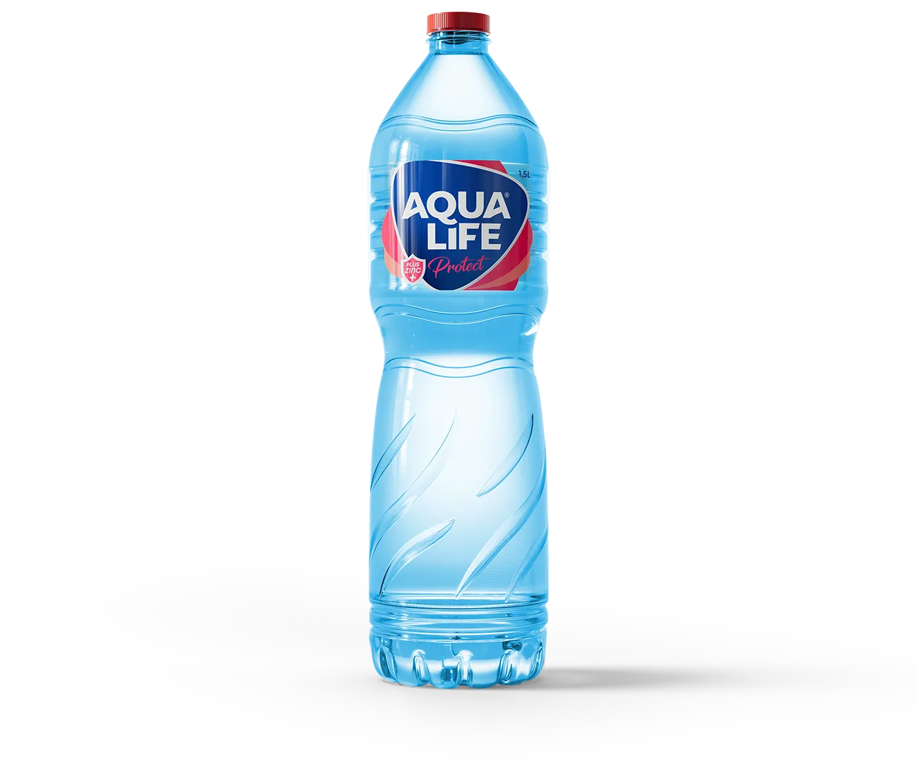 Large 1.5 liter AquaLife bottled water in blue plastic with red cap and label indicating zinc protection and Aqua Life Protect branding
