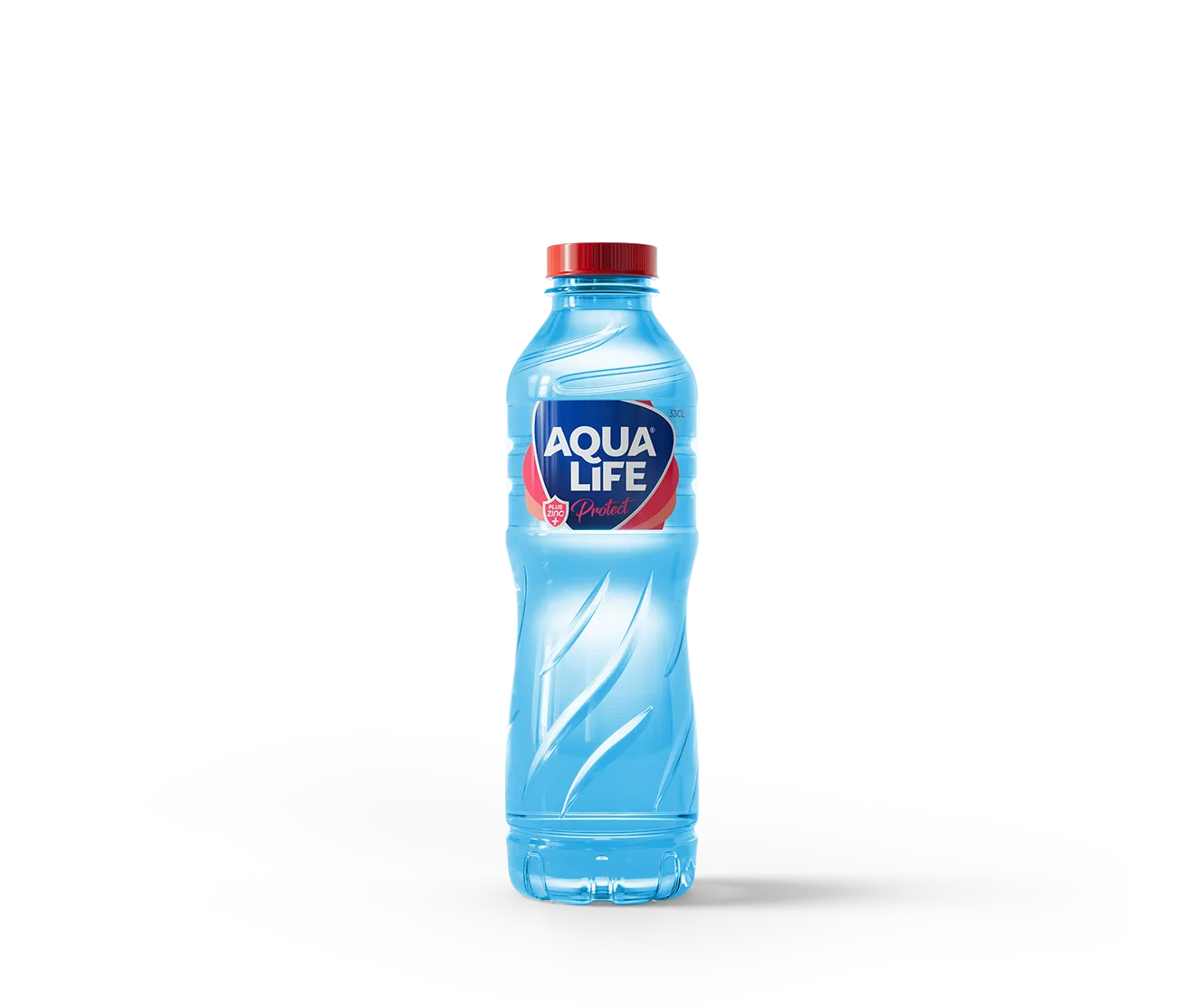 33cl AquaLife bottled water with blue plastic bottle, red cap, and label indicating zinc protection