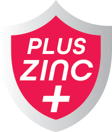 Red shield badge with white text 'PLUS ZINC' and plus symbol representing zinc supplement benefits
